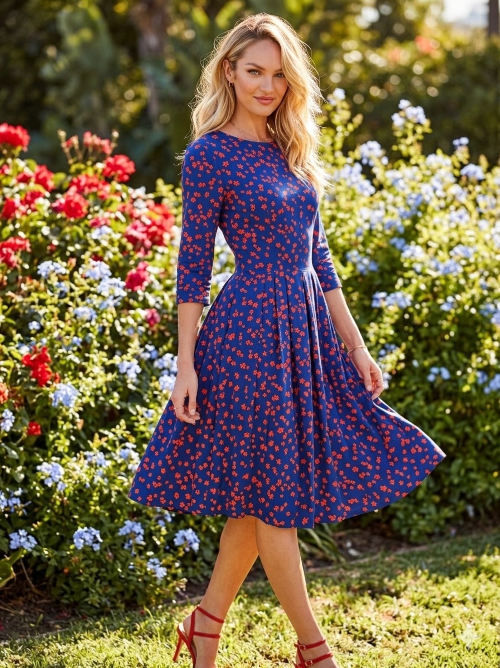 Vintage Style Navy Blue Floral Midi Dress Red Print 3/4 Sleeve Fit & Flare sz S